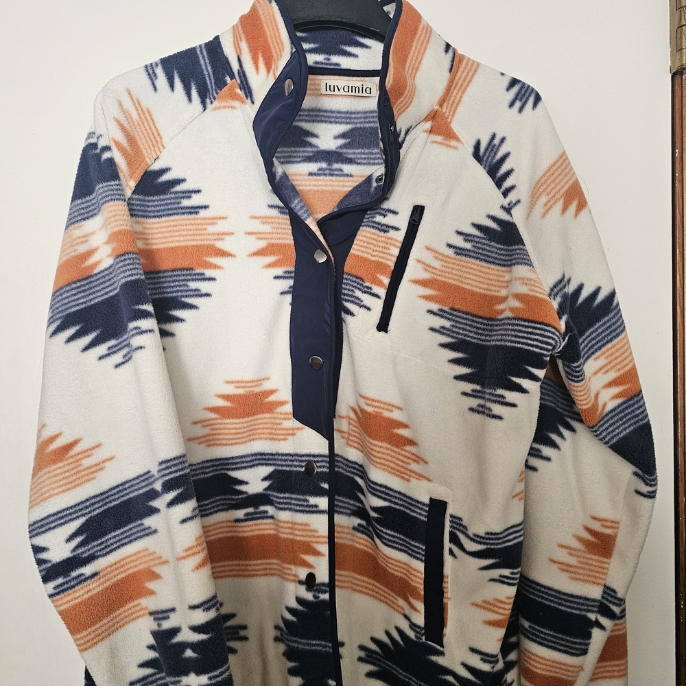 Luvamia Women's Patterned Shirt Jacket - Navy and Orange
